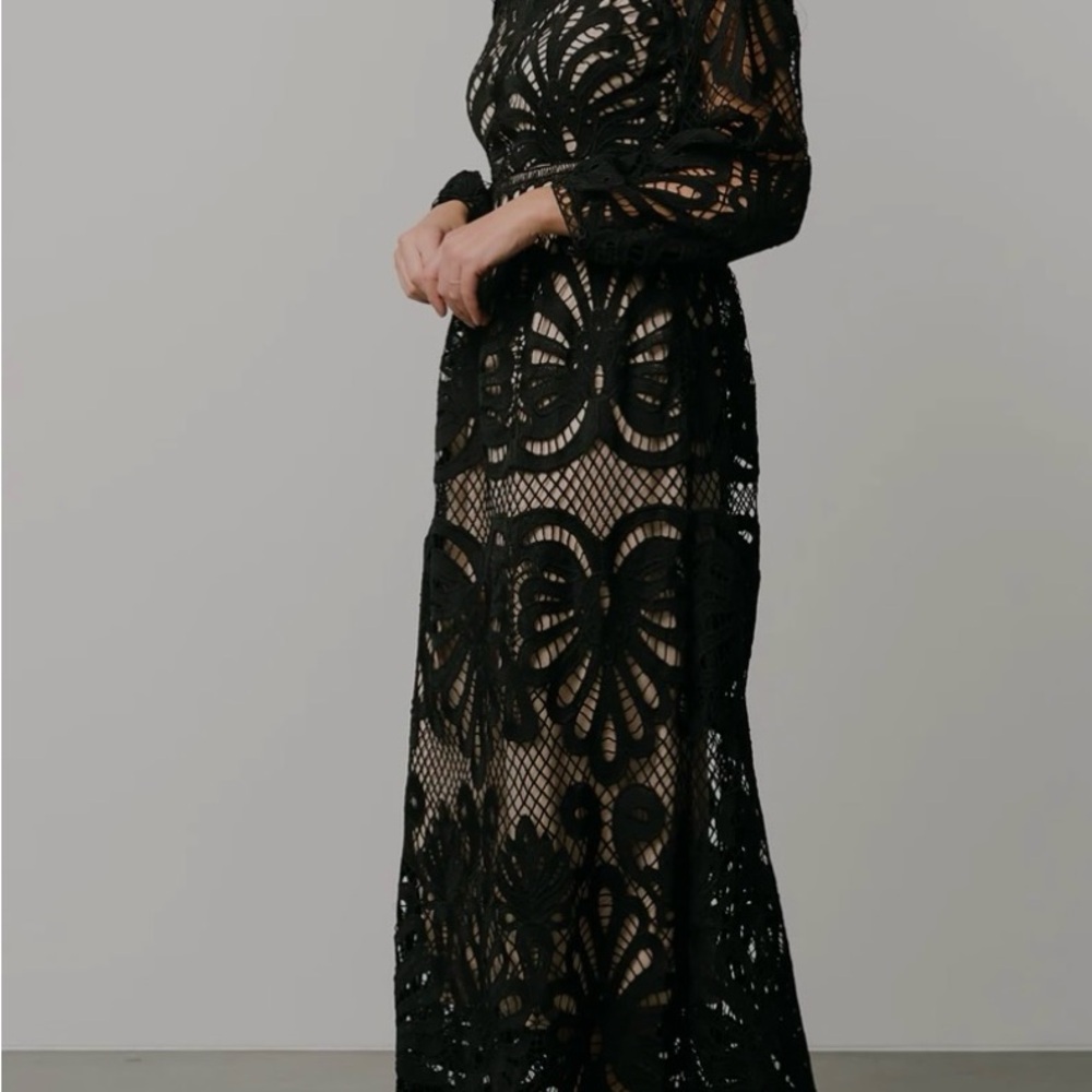 Bohme Black Tan Long Sleeve Mock Neck Cocktail Gown